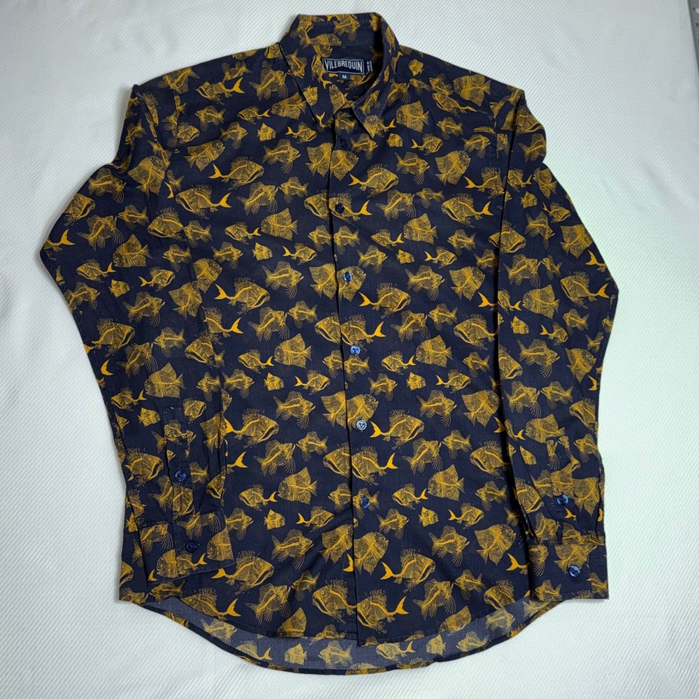Vilebrequin Mens Navy Yellow Fish Skeleton Print Cotton Button Down Shirt M - Picture 2 of 11